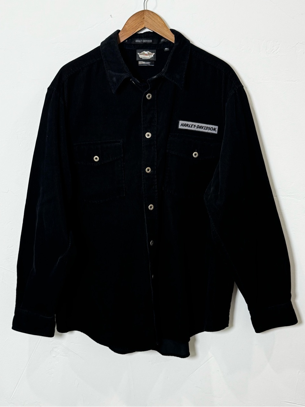 Vintage Harley Davidson Black Corduroy Shacket Button Biker Y2K Mens XL